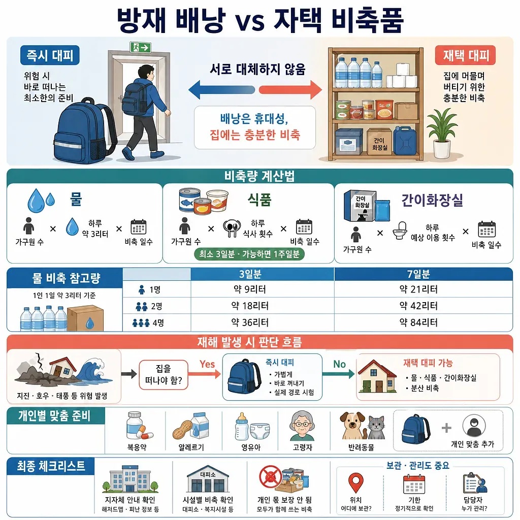 防災リュックと自宅備蓄を比較し、水・食料・簡易トイレの計算方法を示す図解