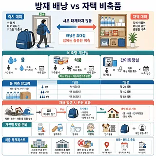 방재 배낭과 자택 비축품의 차이, 물·식량·간이화장실 계산법과 체크리스트를 정리한 인포그래픽