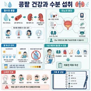 콩팥 건강, 수분 섭취, 빈뇨 원인과 올바른 물 마시기를 설명하는 건강 인포그래픽