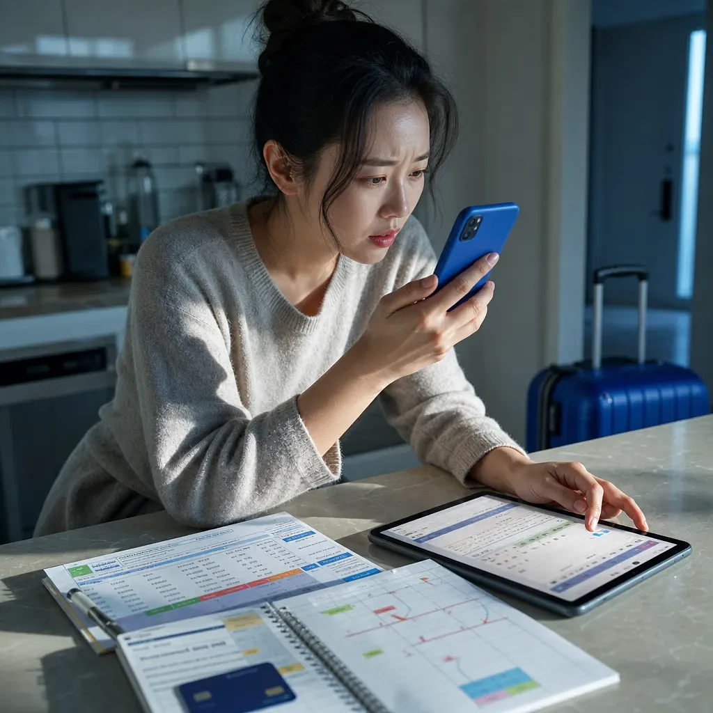 여성이 여행 가방 옆에서 스마트폰과 태블릿의 일정을 확인하는 모습