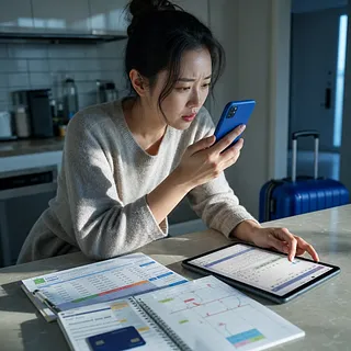 Mujer revisando el móvil y el calendario de una tableta junto a una maleta azul