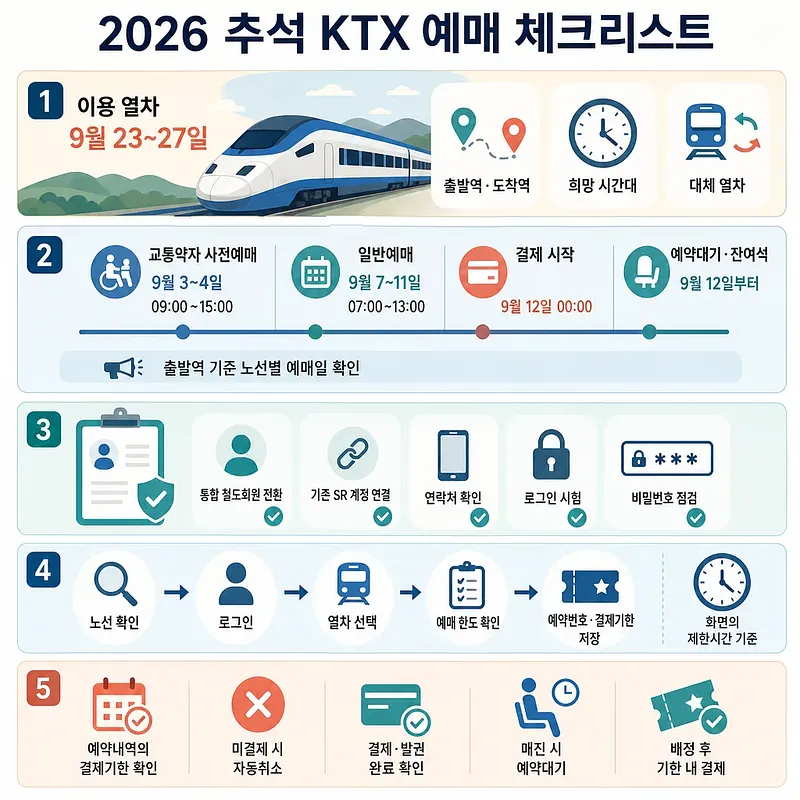 2026 추석 KTX 예매 일정과 회원 전환, 로그인, 결제 준비를 5단계로 정리한 체크리스트