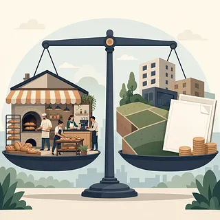 Scales balancing a bakery cafe against buildings, land, documents and coins