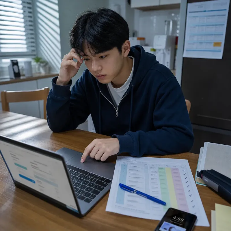 Estudiante revisando un portátil, una lista de solicitudes universitarias y un móvil