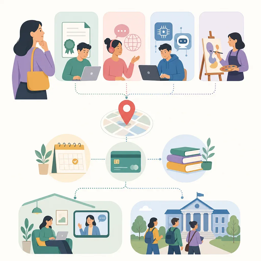 Illustration of choosing online courses, books, and campus learning with an education voucher
