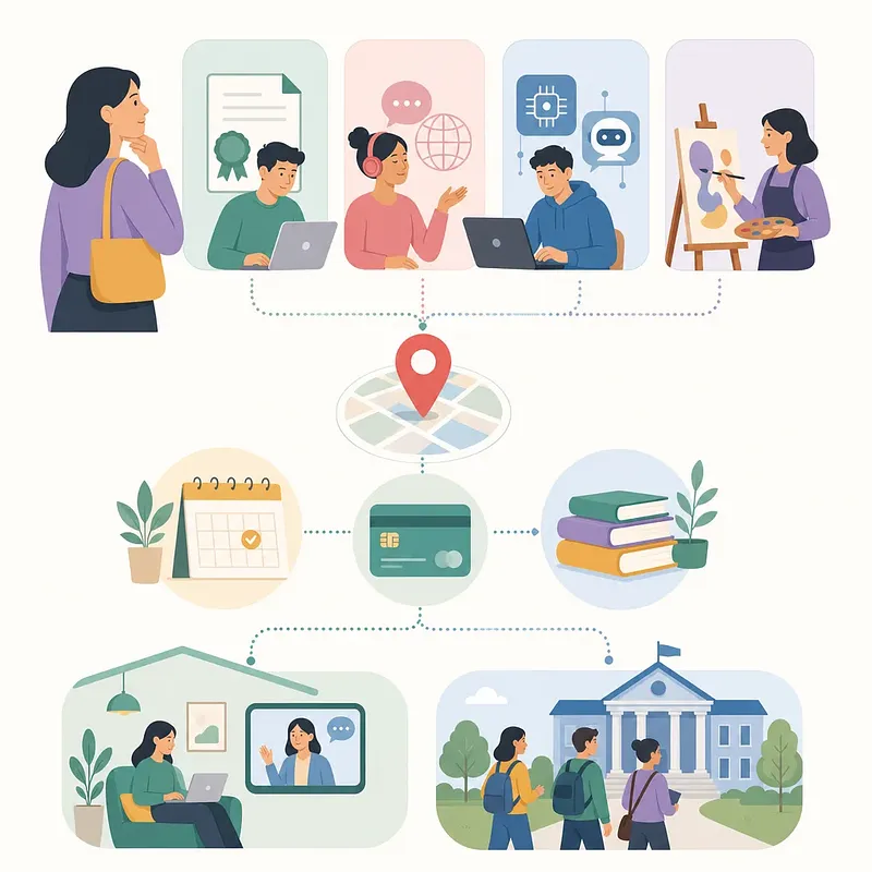 Illustration of choosing online courses, books, and campus learning with an education voucher