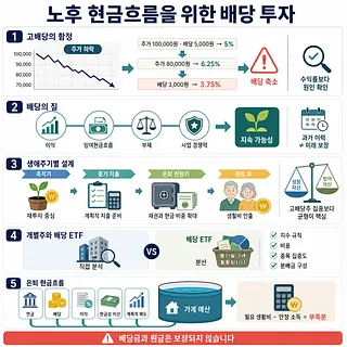 노후 배당 투자의 고배당 함정, 배당의 질, 생애주기 설계, ETF, 현금흐름을 설명한 인포그래픽