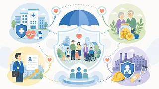 傘と盾が人々を守り、医療・年金・雇用・労災の象徴がつながるベクター図