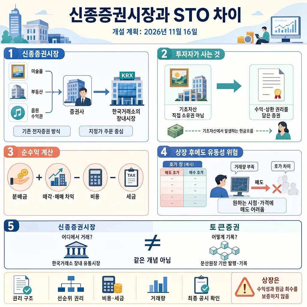 신종증권시장 구조, 투자자 권리, 수수익 계산, 유동성 위험과 STO 차이를 설명하는 인포그래픽