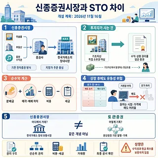 신종증권시장 구조, 투자자 권리, 수수익 계산, 유동성 위험과 STO 차이를 설명하는 인포그래픽