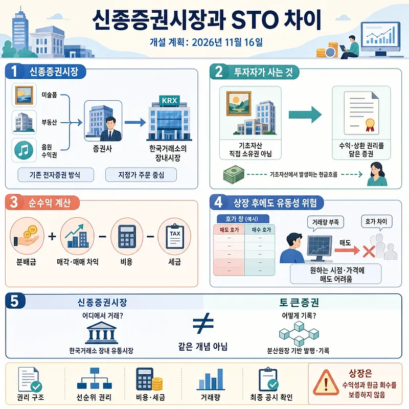 신종증권시장 구조, 투자자 권리, 수수익 계산, 유동성 위험과 STO 차이를 설명하는 인포그래픽