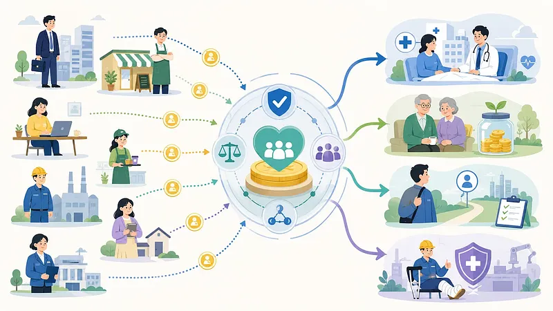 Vector flow scene of workers and households feeding a shared insurance pool that distributes benefits