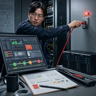 Técnico conectando un cable de red rojo junto a un portátil de monitoreo en una sala de servidores