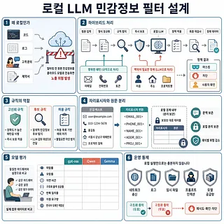 로컬 LLM 민감정보 필터의 하이브리드 처리, 규칙, 원문 분리, 모델 평가, 운영 통제를 설명한 인포그래픽