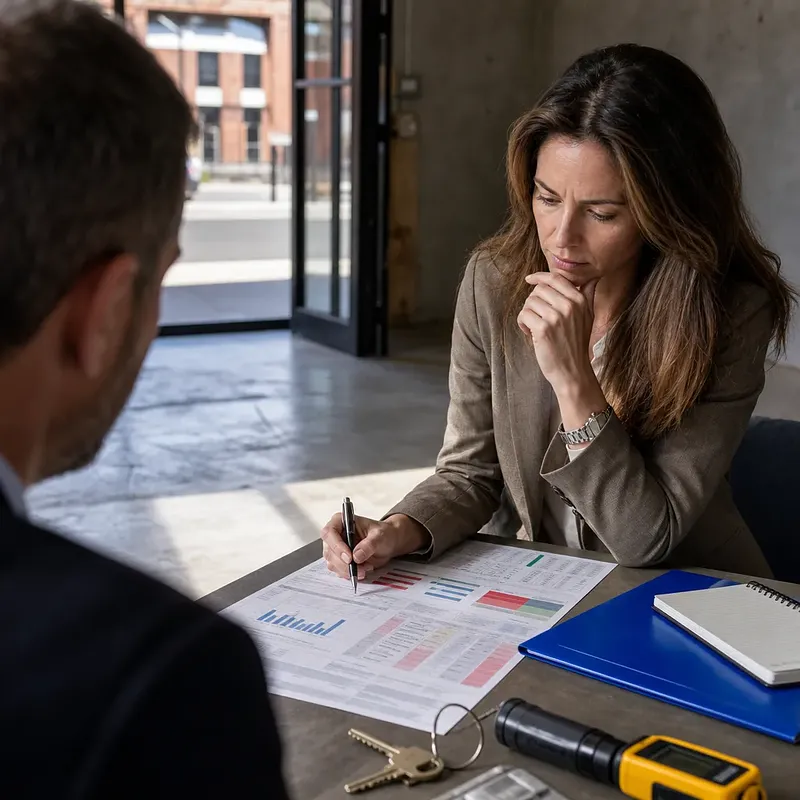 Woman with a pen reviewing financial charts across the table from a man