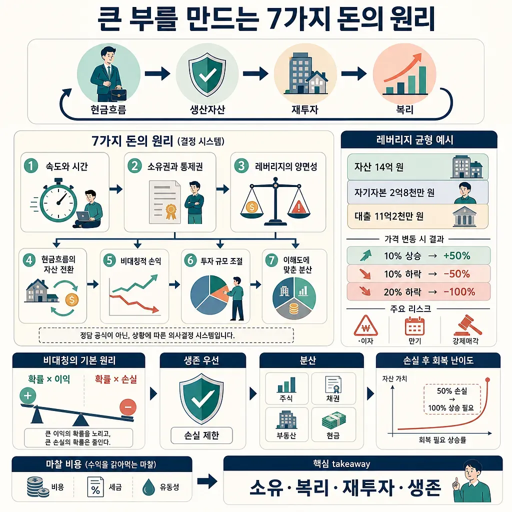 현금흐름, 생산자산, 재투자, 복리와 7가지 돈의 원리를 설명하는 한국어 인포그래픽