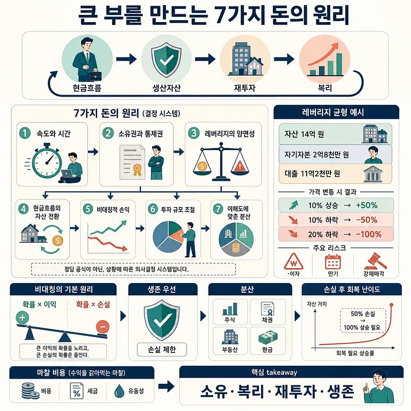 현금흐름, 생산자산, 재투자, 복리와 7가지 돈의 원리를 설명하는 한국어 인포그래픽