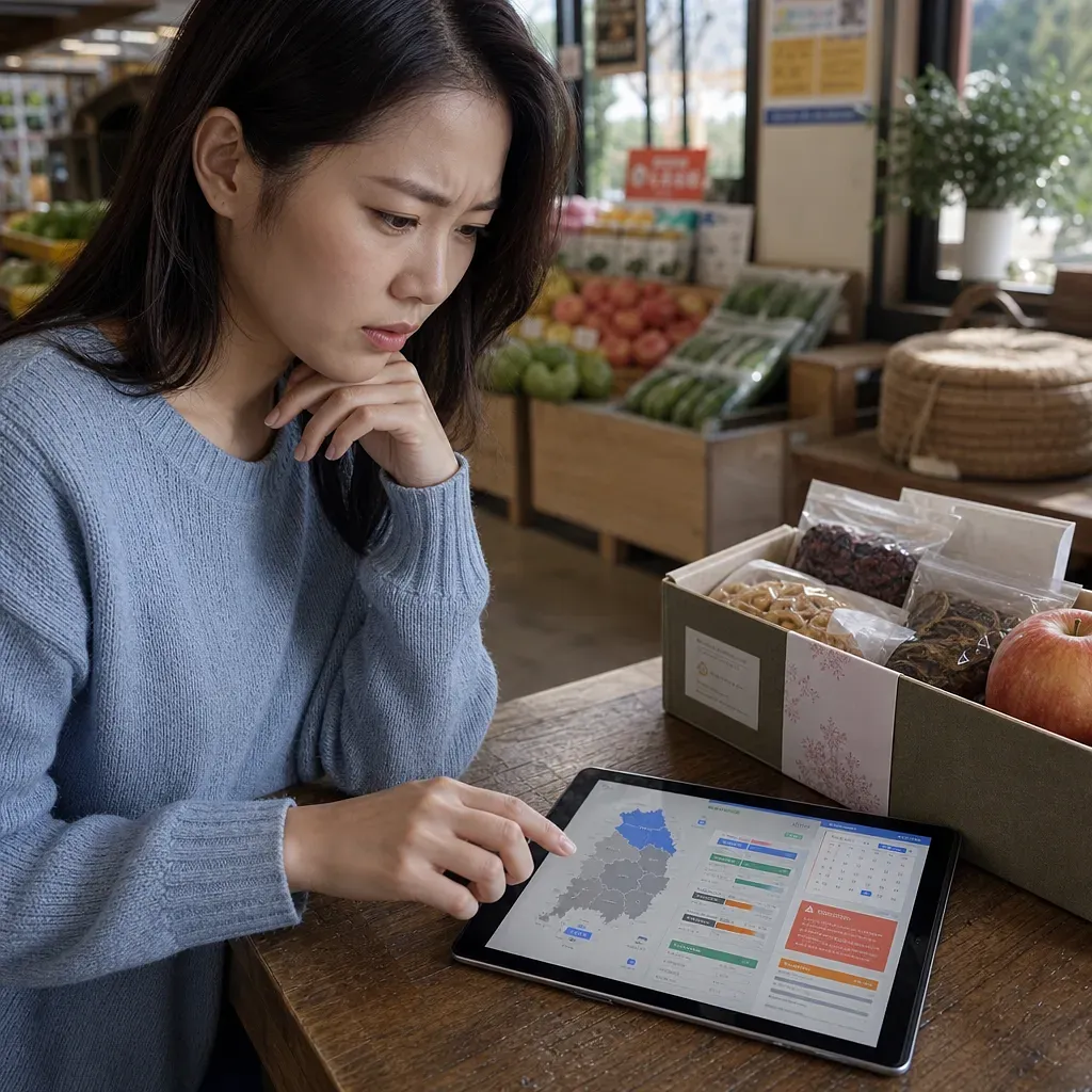 Woman viewing a regional map on a tablet beside a gift box in a local produce shop