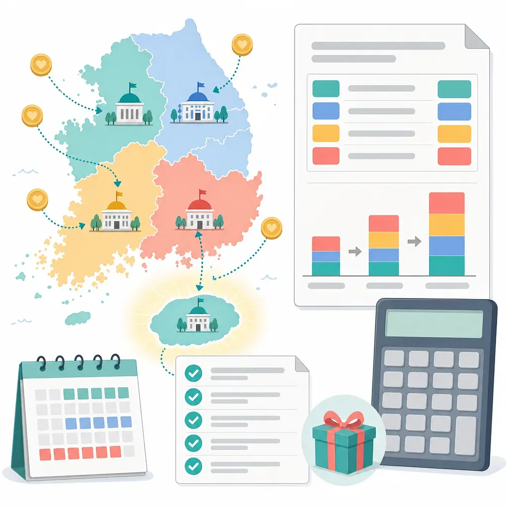 Mapa regional de Corea del Sur con monedas de donación, formularios fiscales, calculadora, calendario y regalo