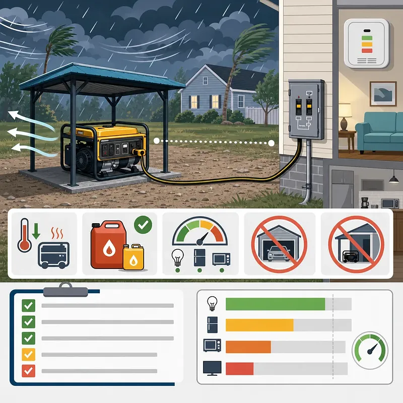 폭풍우 속 야외 차양 아래 발전기와 전환 스위치, 안전 점검표를 보여주는 안내도