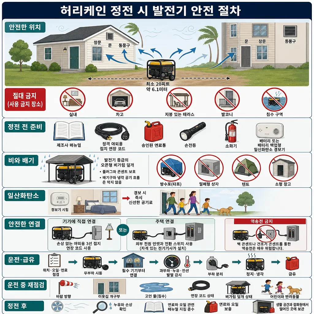 허리케인 정전 시 휴대용 발전기의 실외 설치, 연결, 운전 및 급유 안전 절차 안내도