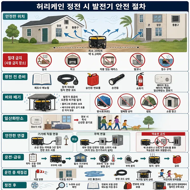 허리케인 정전 시 휴대용 발전기의 실외 설치, 연결, 운전 및 급유 안전 절차 안내도