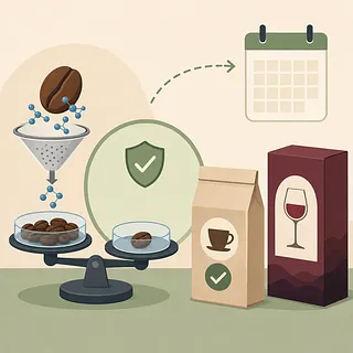 コーヒー豆の脱カフェイン、秤、チェックマーク、カレンダー、包装商品を描いたイラスト
