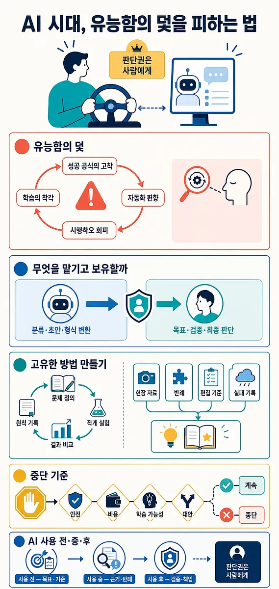 ハンドルを握る人とAI画面の下に、有能さの罠、人の判断、独自の方法、中断基準を示す図解