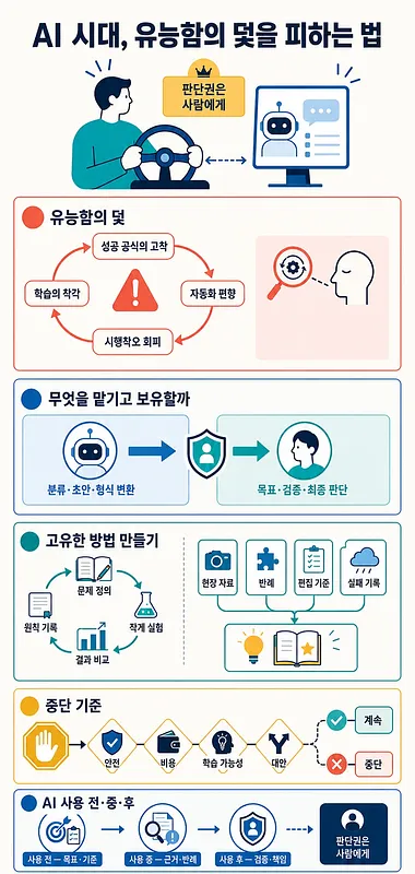 ハンドルを握る人とAI画面の下に、有能さの罠、人の判断、独自の方法、中断基準を示す図解