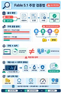 Fable 5.1의 출시, 가격, API, 연구 정확성, 실무 비용 검증 절차를 정리한 인포그래픽