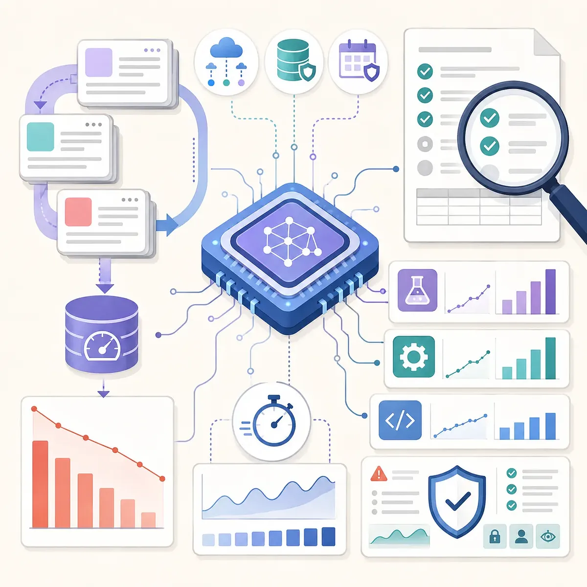 Infografía de un chip de IA con costes a la baja, métricas de rendimiento y controles de seguridad