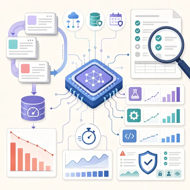 Infographic of an AI chip with falling costs, performance charts, and security checks