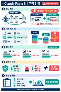 Claude Fable 5.1의 캐시 비용, 성능, 안전성 주장을 검증하는 한국어 인포그래픽
