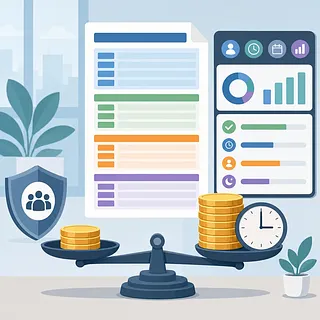 Work-hour dashboard, documents, coins, clock, scale, and compliance shield illustration