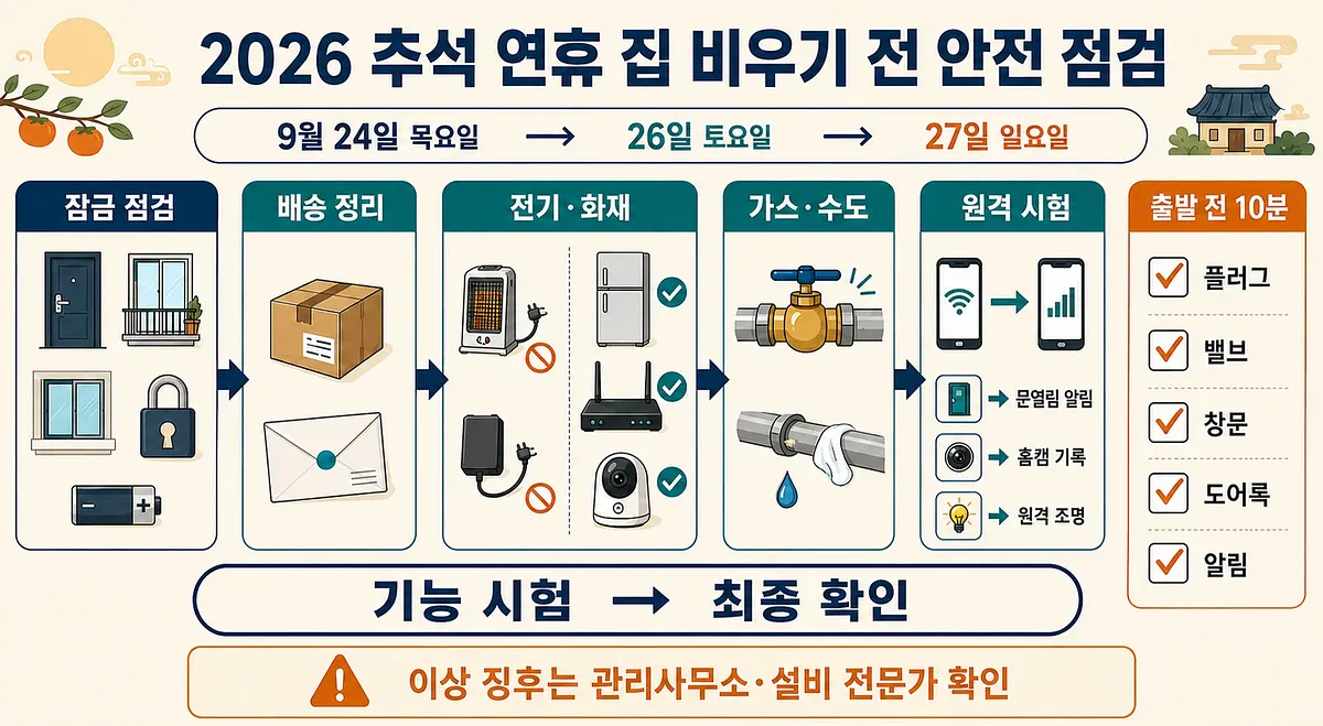 2026 추석 연휴 전 잠금·배송·전기·가스·수도·원격 보안을 점검하는 안전 체크리스트 인포그래픽