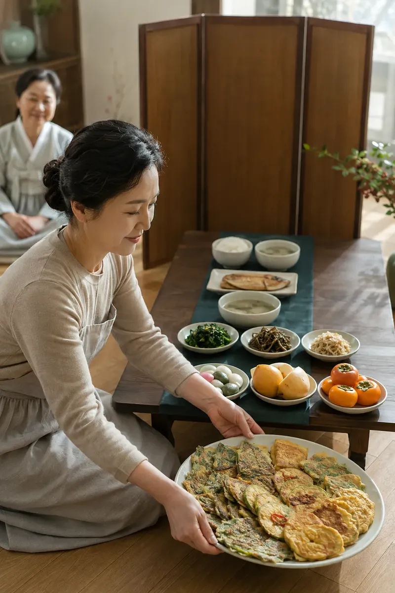 Mujer colocando una fuente de tortitas jeon junto a una mesa baja con comida de Chuseok