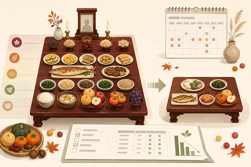 5열로 차린 전통 추석 차례상과 간소화한 차례상을 비교한 일러스트
