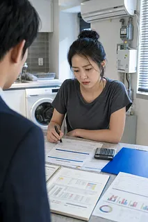 Mujer revisando documentos con una calculadora frente a un hombre en una mesa de cocina