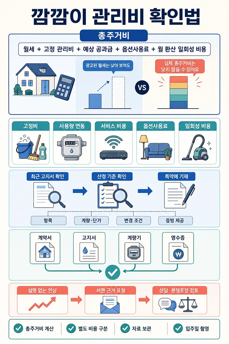 월세와 관리비 구성, 확인 절차, 증빙 서류를 정리한 깜깜이 관리비 확인법 인포그래픽