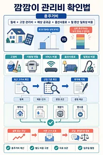 월세와 관리비 구성, 확인 절차, 증빙 서류를 정리한 깜깜이 관리비 확인법 인포그래픽