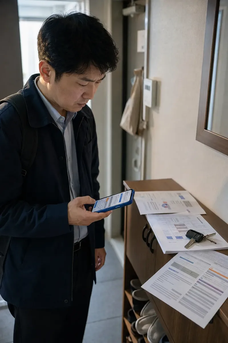 Man checking his smartphone beside documents spread across an entryway cabinet