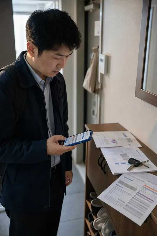 玄関の棚に広げた書類の横でスマートフォンを確認する男性