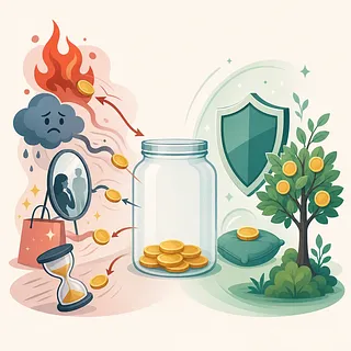 Ilustración que contrasta tentaciones de gasto y protección financiera alrededor de un frasco con monedas