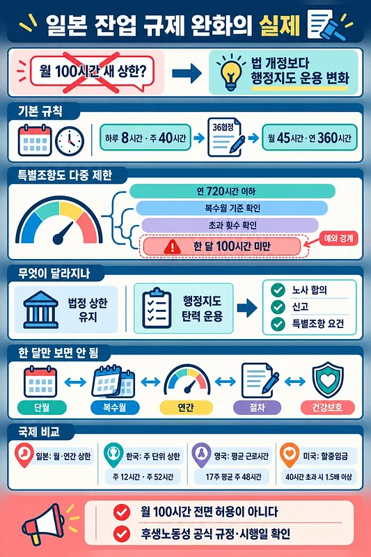 일본 잔업 규제의 기본 상한과 특별조항, 행정지도 운용 변화를 설명하는 한국어 인포그래픽