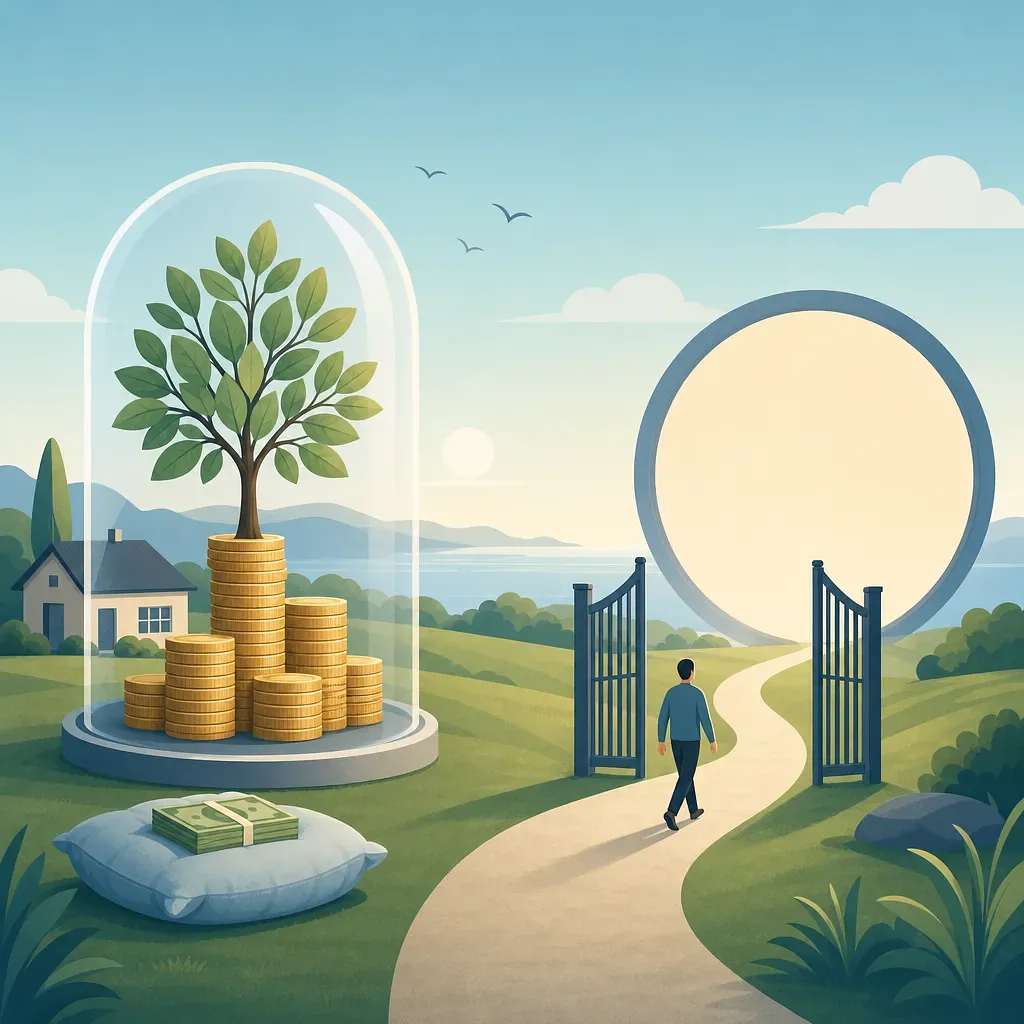 Tree growing from stacked coins under a glass dome, cash bundle, and a person walking toward a gate