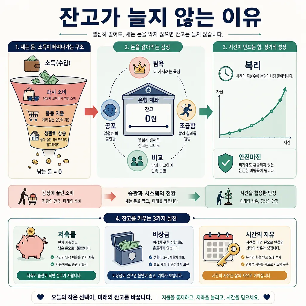 Infografía coreana sobre por qué no crece el saldo: gastos, emociones, interés compuesto y hábitos de ahorro