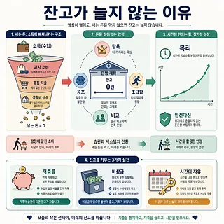 잔고가 늘지 않는 이유를 지출, 감정, 복리, 저축 습관으로 설명한 한국어 인포그래픽