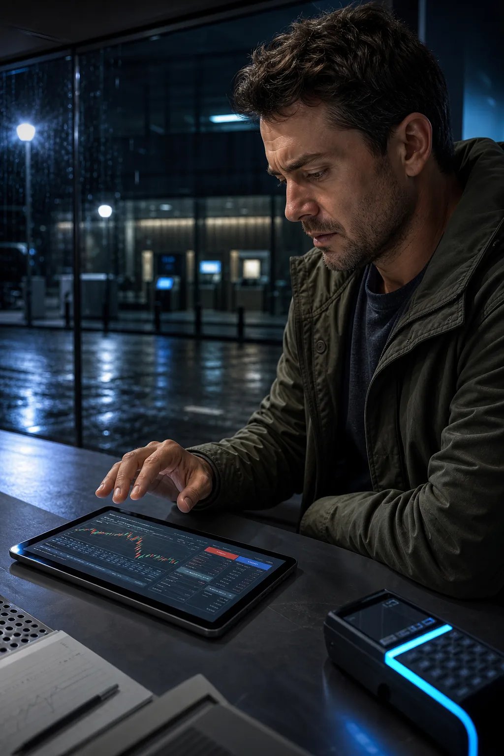 雨の夜、タブレットの取引チャートを見つめる男性