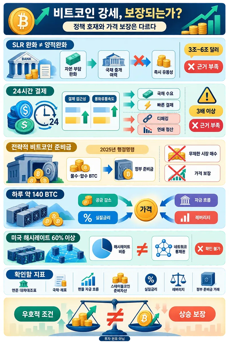 비트코인 강세 요인과 가격 보장의 차이를 설명하는 한국어 인포그래픽