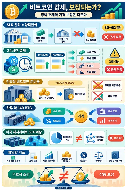Infografía en coreano que contrasta factores alcistas de Bitcoin con ganancias garantizadas